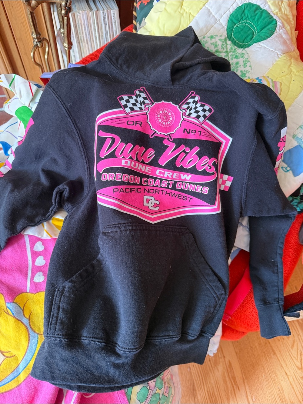 Oregon Dune Vibes Kids Hoodie - Black with Pink Graphic neon pink